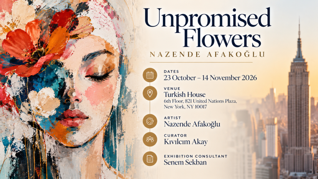 Poster for Unpromised Flowers, Nazende Afakoğlu’s solo exhibition at Turkish House, New York, 23 October – 14 November 2026